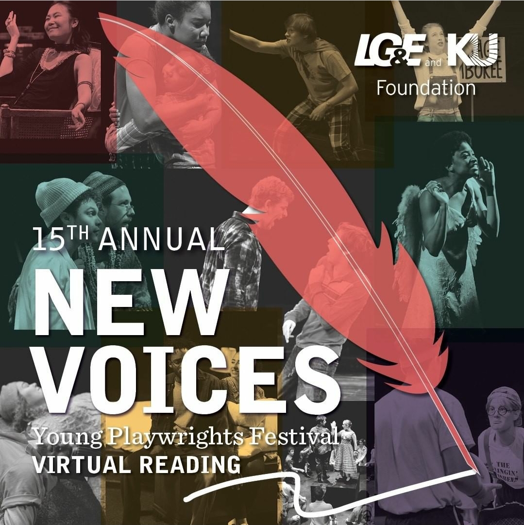 A photo reads "15th Annual New Voices Young Playwrights Festival Virtual Reading". A large translucent red quill spans the middle of the image, behind it are productions stills in black and white, some layered with the colors, purple, red, green and yellow. 